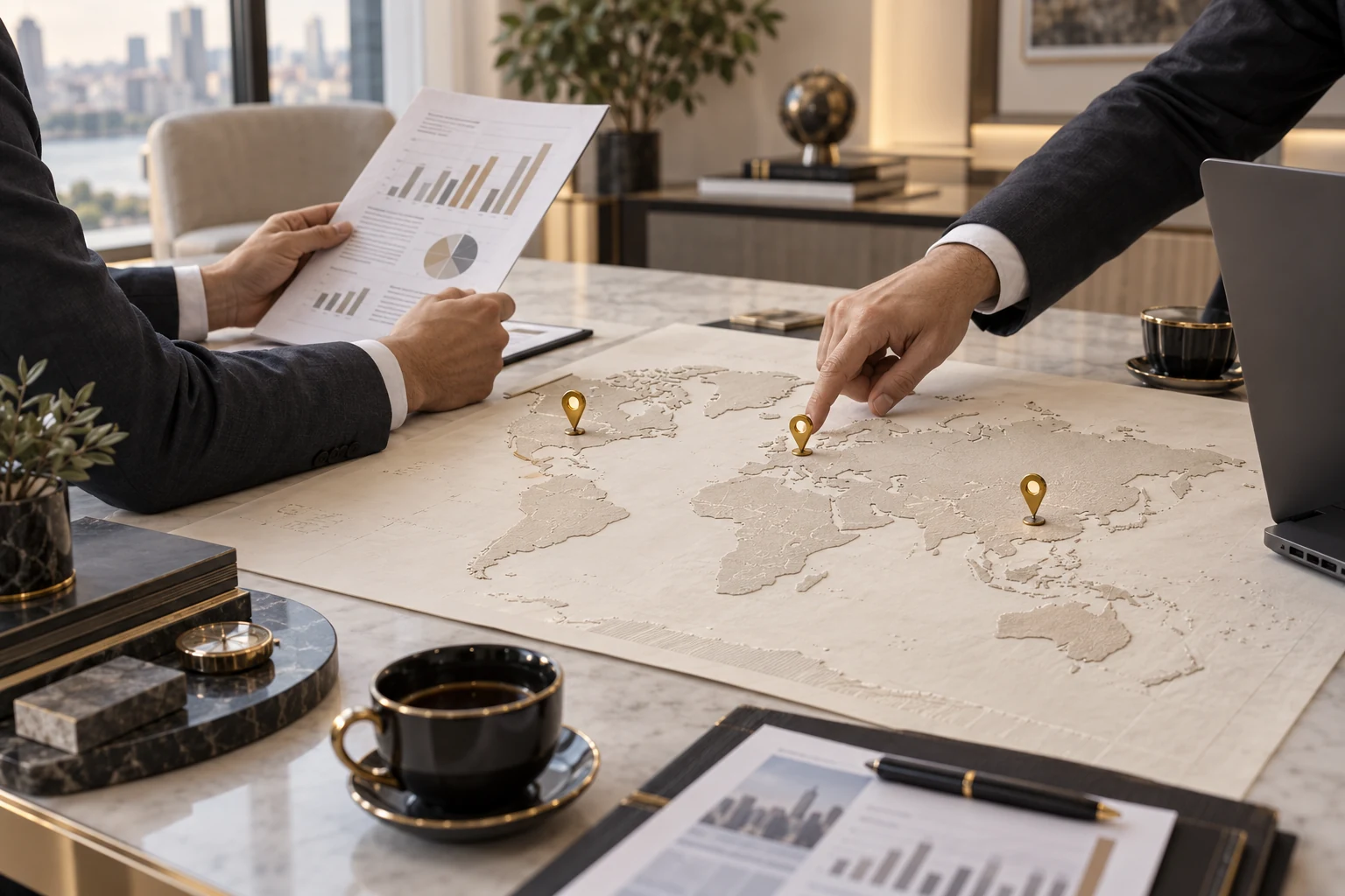 Business professionals planning market entry with research and a world map