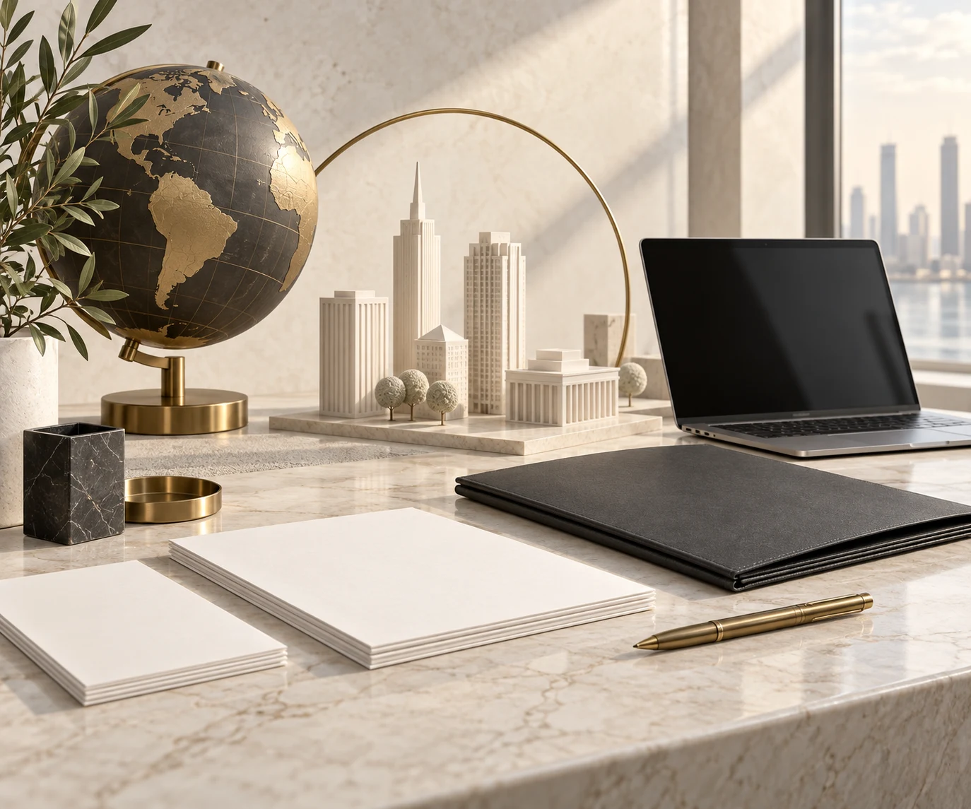Conceptual business-planning desk with documents and architectural models