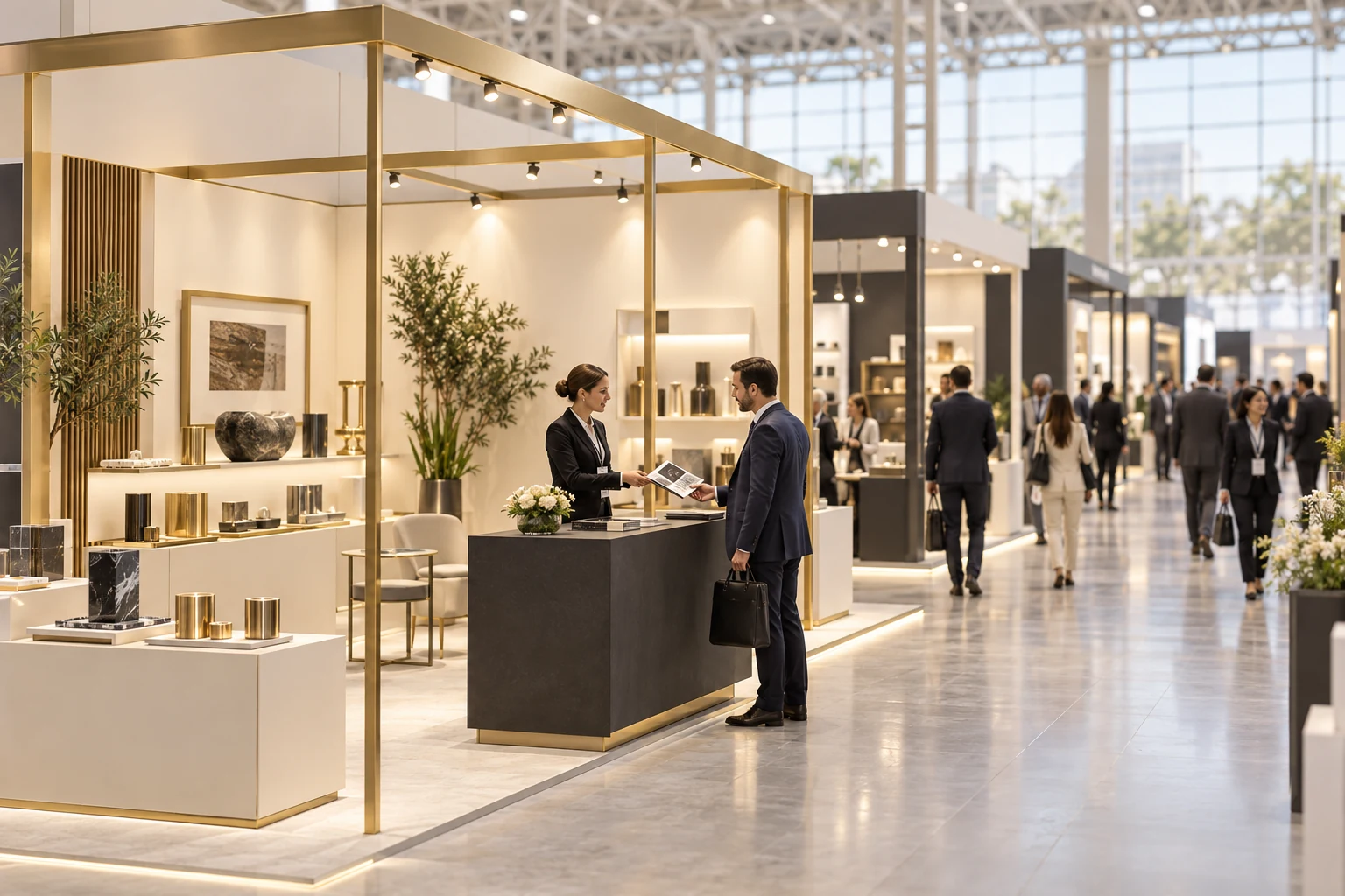 Business delegates meeting at an international trade exhibition