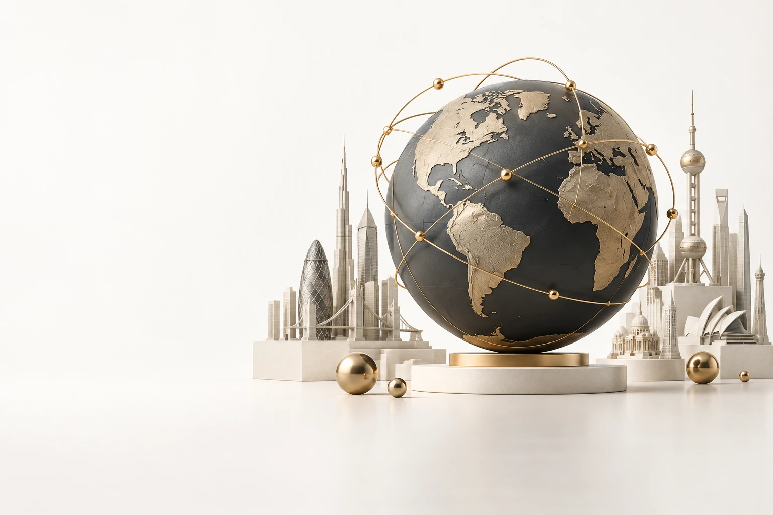 Charcoal and gold globe surrounded by architectural forms representing global business connections