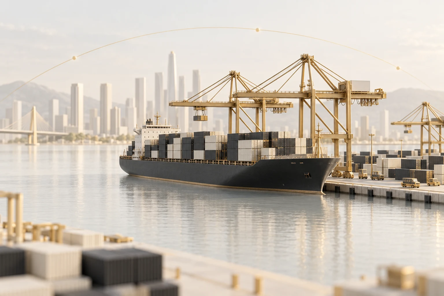 Conceptual miniature cargo port in ivory, charcoal and gold