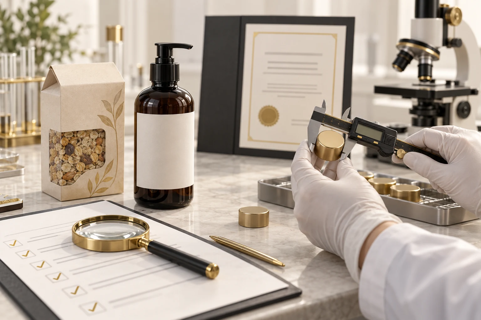 Product samples and inspection equipment with a certification checklist