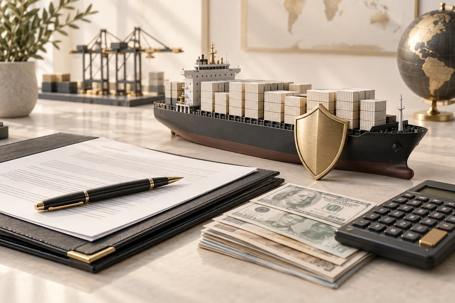 Trade finance paperwork and cargo ship with a protective shield